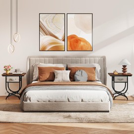 Tangkula Nightstand with Fabric Drawer, Industrial 2-Tier Bedside Table with Storage, Metal Frame & Decorative Scrollwork, Retro Accent Side Table for Bedroom Living Room Small Space (2, Rustic Brown)