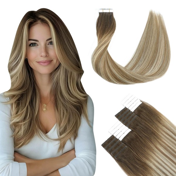 SURNEL Haarverlängerung, Klebeband, Echthaar, dunkelbraun bis hellbraun und goldblond, Remy-Echthaar,