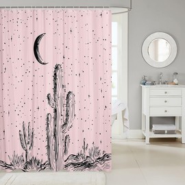 Erosebridal Western Shower Curtain 72" Wx72 L Cactus Bathroom Accessories for Girls Kids Vintage Southwestern Desert Retro Moon Night Glitter Stars Plants Pink Black Bath Curtain