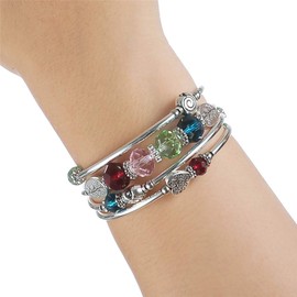 BULINLIN Crystal Beads Layered Bangle Bracelet, Silver Plated Metal Wrap Bracelet with Pearl, Jewellery Gifts for Women Ladies Friends（Colorful）