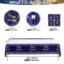 61 Stück Blau und Gold Party Supplies - Blau und Gold Geburtstagsteller Servietten Gold und Blau Tischdecke für Geburtstag, Babyparty, Hochzeit Party Dekorationen, Servieren Sie 20 Gäste