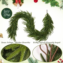 9 Ft Artificial Norfolk Pine Christmas Garlands, Faux Real Touch Greenery Garland for Indoor, Table, Mantel, Wall, Stairs Railing, Artificial Plant Winter Holiday Decor Outdoor Christmas Decorations