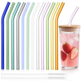 Yomarket 12 Pack Colorful Glass Straws with 2 Cleaning Brushes, Glass Straws Shatter Resistant, Reusable Bent Drinking Straws 9" x 10 MM for Smoothies, Milkshakes, Tea, Juice, Iced Coffee