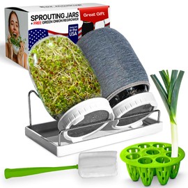 Premium Seed Sprouting Kit & Green Onion Regrower – 2 Wide-Mouth Mason Jars with Sprout Lids, Stainless Stand, Drain Tray, Blackout Sleeves & Cleaning Brush for Broccoli, Alfalfa & Mung Beans
