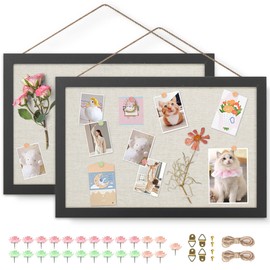 AKTOP 2-Pack Cork Board Bulletin Board 16x11 inch, Small Framed Corkboard with Linen for Wall, Hanging Pin Board Picture Board for Home Office Decor, Cute Vision Board with 25 Pushpins (Classic Black)