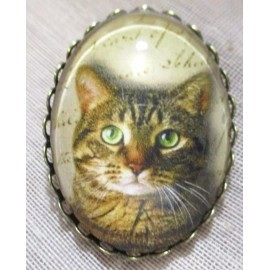 XL GLASS DOME PICTURE BUTTON PATIENT TABBY CAT WAITING ON YOU  1-1/2 in