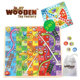 The Wooden Toy Factory - 2 in 1 Board Game - Snakes & Ladders/Home Race (*BONUS*: Includes Storage Bag For Pegs and Dices)