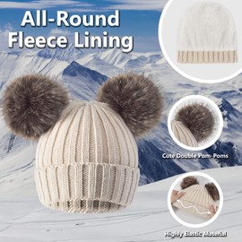 Women Beanie Hat Scarf Gloves Set Winter Warm Soft Thick Fleece Lining Knit Skull Cap with Cute Double Fur Pom Pom Beige Touchscreen Ladies Cold Weather Snow Accessories Crochet