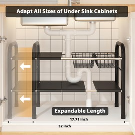 KOSIWU Expandable Under Sink Organizer, 2 Tier Under Sink Shelf with 2 Removable Baskets and 6 Removable Panels for Cabinet Sink Cloakroom Wardrobe Closet Storage(Black, 17.71”-32”Length