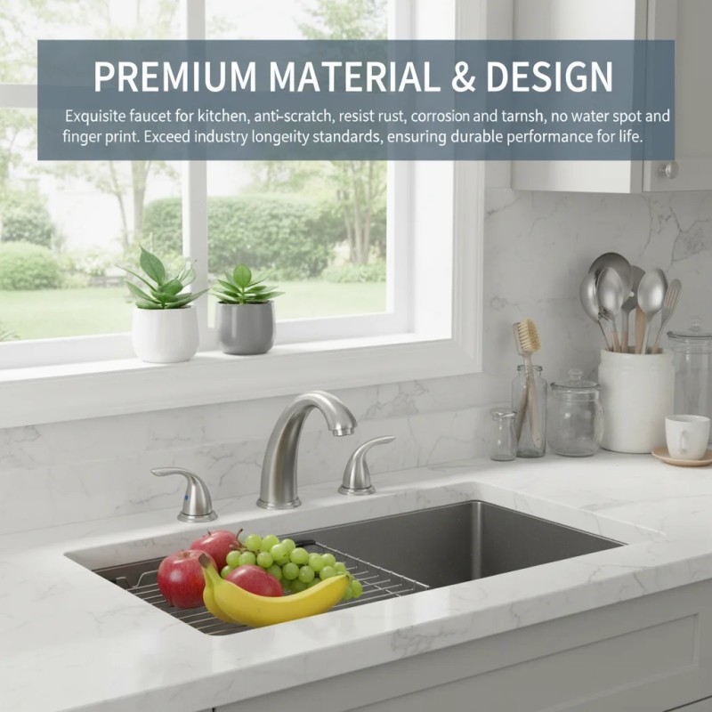 Bathroom Faucet Brushed Nickel Alloy Widespread Deck-Mounted 3-Hole 2-Handle Modern