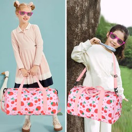 Duffle Bag for Girls Kids Overnight Bags Cute Strawberry Cherry Dance Sports Bag Travel Tote with Shoe Compartment and Wet Pocket