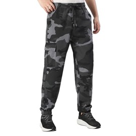 Buytop Mens Casual Cargo Pants Stretch Elastic Waist Drawstring Joggers Pants Workout Pants Multi Pockets(W601Camo-Gray-04-L)