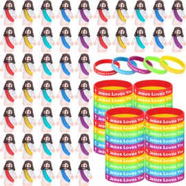 Barydat 100 Pcs Jesus Figures Easter Christ Toys Little Mini Jesus Loves You Silicone Bracelets Christian Easter Basket Stuffers Wristbands Bible Verse Bracelets for Sunday School Religious Baptism