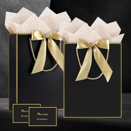 JMANNI Gift Bag, 2PCS Gift Bags Large with Ribbon and 2 Greeting Cards 4 Tissue Paper, Portable Paper Gift Bag with Handles, Birthday Gift Bags,Present Bags for Wedding Party Mothers Day(Black-Gold)