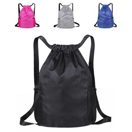 Drawstring Bags Unisex Waterproof Sports Bag Swim PE Bags Drawstring Gym Bag for School Sports Swimming Gym Travel Beach (Black)
