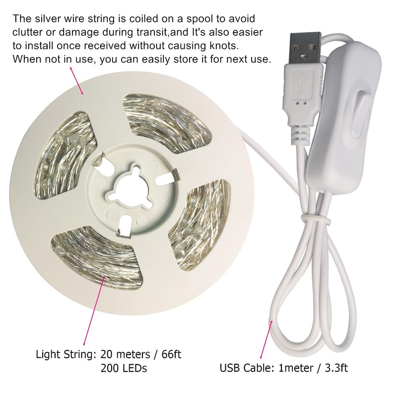 RUICHEN Silver Wire 66 Ft 200 LED USB Fairy String