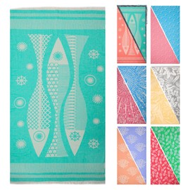 AVO Bliss Turkish Beach Towel Turkish Bath Towel Turkish Pool Towel 36x69 inches 100% Cotton Super Soft Sand Free Quick Dry Oversized Lightweight Compact Travel Made in Turkey (Turquoise-Three Fish)