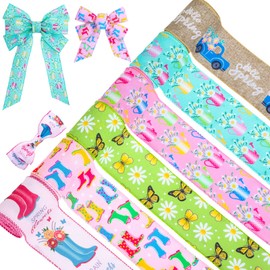 Whaline 30 Yards Spring Wired Edge Ribbon 6 Roll Colorful Butterfly Flower Truck Watering Can Boots Patterned Fabric Ribbon Spring Decorative Craft Ribbon for Gift Wrapping Hair Bow Sewing Wreath