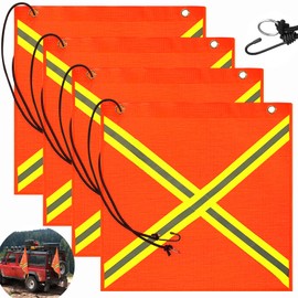 18 x 18 Inch Safety Flag,Kabcifea 4 PCS Orange Warning Flag with Grommet,Bungee Cord and Double Sided Reflective Strip,Mesh Weather Flags Weather-Proof Safety Flags for Truck,Load Vehicle,Bike,Trailer
