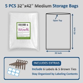 Wowfit 5 CT 32x42 inches Big Large Clear Plastic Bags Perfect for Blanket, Duvets, Pillows, Plush Toys, Comforter and Basement Storage (1.6 Mil Flat Bags)