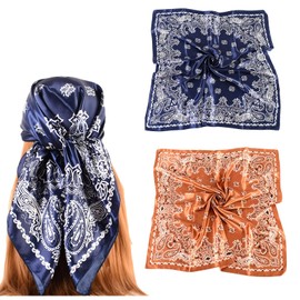 GoldenLife 35” Large Square Satin Head Scarf - 2Pcs Satin Hair Scarf Silk Bandana Head Wraps For Women (Coffee & Navy blue)