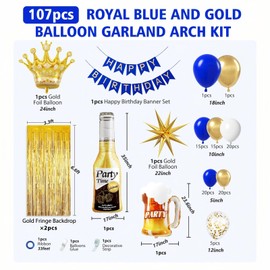 107pcs Royal Blue Gold Birthday Party Decorations with Happy Birthday Banner Foil Balloons for 16th 18th 21st 24th 32th 40th 50th 60th Birthday Decorations for Men