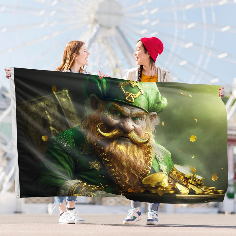 St Patricks Day Flag with Leprechaun and Gold - St