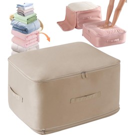 HEVOY Ultra Space Saving Self Compression Organizer, Self Compression Storage Bags, Foldable Closet Organizers Storage Tote, Moving Bag Containers with Handle for Comforters, Blankets (Beige, Large)