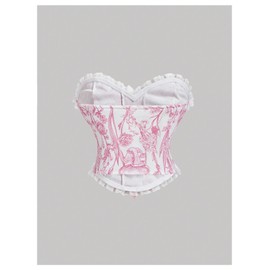 MakeMeChic Women's Floral Print Tube Top Lace Up Bandeau Frill Trim Strapless Vintage Tops Pink Large