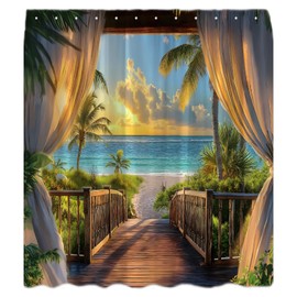 KDYDK Ocean Beach Shower Curtain Teal Orange Sea View Tropical Hawaii Sunset Island Palms Tree Seaside Windows Nature Landscape Decor Bathroom Curtain Set with Hook 70" WX70 H