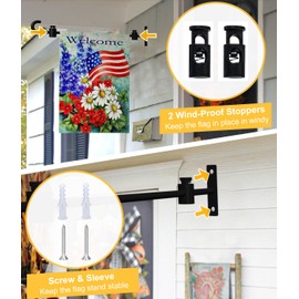 Koutemie Wall Garden Flag Stand Holder Pole with Stoppers for 12 x 18 Outside Small Yard Flags Décor, One Piece Wall Mounted Metal Garden Flag Scroll Hanger for Mailbox Post, Black, 2 Pack