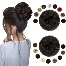 Felendy 2PCS Messy Bun Hair Piece Large Wavy Curly Elastic Hair Bun Scrunchies Fluffy Thick Donut Chignon Hairpieces Updo Extensions Black Brown