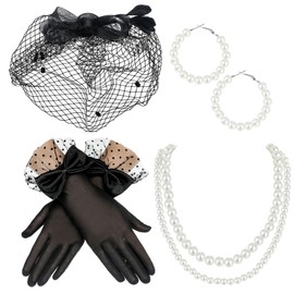 Bencailor Fascinator Hat for Women Funeral Veil Hats Set Include Mesh Hats Lace Gloves Necklace Earring for Tea Party(Retro Style)