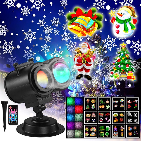 Christmas Projector Lights Outdoor 2 in 1 Moving Patterns Landscape Lights 30 HD Effects with 3D Ocean Wave and Patterns Waterproof Fit Christmas Valentine Birthday Wedding Party Supplies Decoration