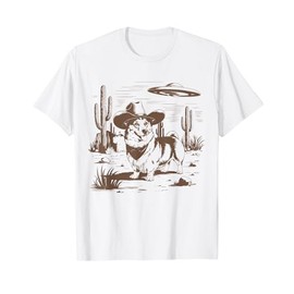 UFO Corgi Western Alien Vintage 90s Wild West Fun Cowboy Dog T-Shirt, Men, White, Medium