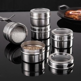 XZJMY Set of 4 Magnetic Spice Tins with Metal Wall-Plates,Stainless Steel Spice Container Storage Box with Transparent Lid for Storing Herbs, Spices and Other Seasonings