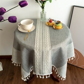 Gernaice Farmhouse Striped Tassle Small Tablecloth Heavy Duty Linen Fabric Wrinkle Free Tablecloths Square Embroidery Table Cloth for Kitchen Dining Party Patio Christmas Square Grey 36x36 Inches