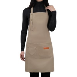 LOYGLIF Apron for Men Women with Adjustable Straps and Large Pockets, Canvas Cotton Cooking Kitchen Chef Bib Aprons Waterproof Beige