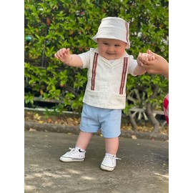 KOZBY Toddler Baby Boy Summer Outfit Embroidered Mexican Guayabera Shorts Set with Hat Blue 0-3 Months