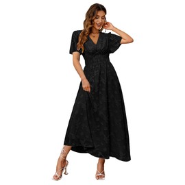 Simplee Women's Boho Floral V Neck Short Sleeve Formal Maxi Ruffle Dress Summer Long Flowy Lace Bridesmaid Wedding Party Evening Dress (XL Black)
