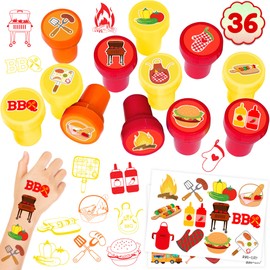 36PCS BBQ Party Favors 24 Tattoos Sticker 12 Stamp Set - Ideal Barbecue Picnic Themed Birthday Card Decorations Supplies Goodie Bag Cute Rewards for Girls Classroom Boys Gifts Baby Shower Prizes
