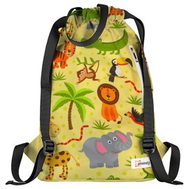 Aminata kids Children's Gym Bag Girls and Boys Zoo Animals High-Quality Large Sports Bag Animal Motif Jungle Nursery School Sports, Yellow, Multi-coloured., Children's gym bag