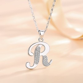 Aeonslove Ladies’ Letter Chain, Silver Necklace, Letter Chain with Letter Pendant, Alphabet Letter, Initial Pendant, Jewellery Gift for Girls, Silver, R