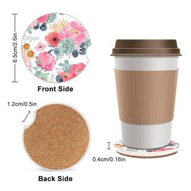 Absorbent Car Coasters 2 Pack for Women/Men,Watercolor Floral Coaster for Drinks,Ceramic Stone Car Cup Holder with A Finger Notch,Pink Green Flower