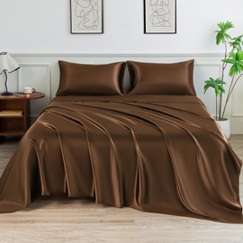 LIFCOM Satin Sheets Set,Soft Satin Bed Sheets Full Size Set,4Pcs Luxury Silky Bedding Set with 15 Inches Deep Pocket for Mattress(Full, Brown)