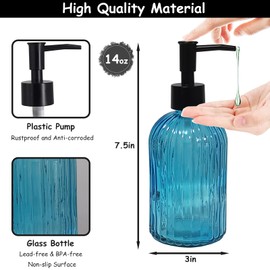 YYTSGG Blue Glass Soap Dispenser Set with Black Pump, 13.5oz Refillable Liquid Hand Soap Dispenser, Lotion Dish Soap Dispenser for Modern Home Decor, Kitchen Countertop, Bathroom, Hotel(2 Pack)