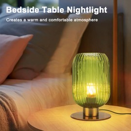 Soutas Green Glass Table Lamp, Mid Century Modern Table Lamp Vintage Gold Bedside Lamp with Brass Metal Base, Decorative Desk Lamp Small Boho Lamps for Bedroom Nightstand Living Room Office