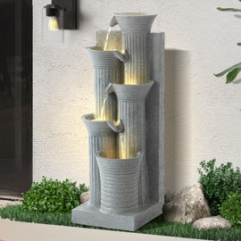 Dephet 5-Tiers Outdoor Garden Water Fountain with Cascading Rock, Fountains and Waterfalls w/LED,Indoor/Outdoor Floor Standing Water Feature w/Bamboo Joint Decor for Patio, Backyard (Light Grey)