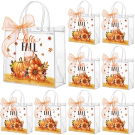 Motipuns 24 Pcs Fall Harvest Clear PVC Gift Bags with Handles autumn Party Favor Reusable Pumpkin and Leaf Designs Candy Treat Tote Bags for Thanksgiving Day Party Favors Autumn Snack Decorations