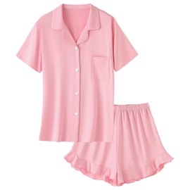 Umeyda Pajamas for Girls Soft Comfy Set Pajama Set Short Sleeve Button Up Pajama Top Pj Shorts, Pink, 7-8 Years = Tag 140